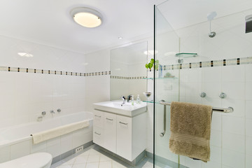 Wall Mural - A modern bathroom with a shower area and a bathtub including a wall mirror