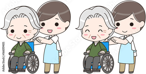 老人 高齢者 車椅子 介護士 看護師 笑顔 イラスト Stock Vector Adobe Stock