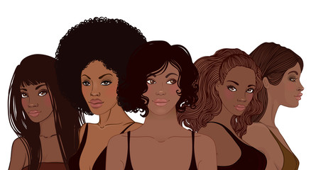 Group of African American pretty girls. Female portrait. Black beauty concept. Vector Illustration of Black Woman. Great for avatars.