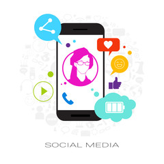 Wall Mural - Female Profile On Cell Smart Phone Screen With Social Media Icons Network Communication Concept Vector Illustration