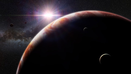Wall Mural - planet jupiter with moons in front of the sun and the milky way galaxy