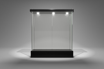 3D rendering glass cabinet front view for product show window close door version