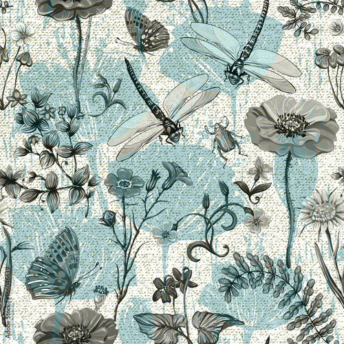 lato-wektorowy-bezszwowy-wzor-tapeta-botaniczna-rosliny-owady-kwiaty-w-stylu-vintage-motyle-wazki-chrzaszcze-i-rosliny-w-stylu-prowansji-na-jasnym-tle