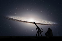 Man With Telescope Looking At The Stars. Sombrero Galaxy M104  In Constellation Virgo.