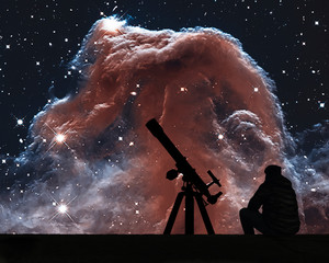 Wall Mural - man with telescope looking at the stars. the horsehead nebula in the constellation of orion (the hun