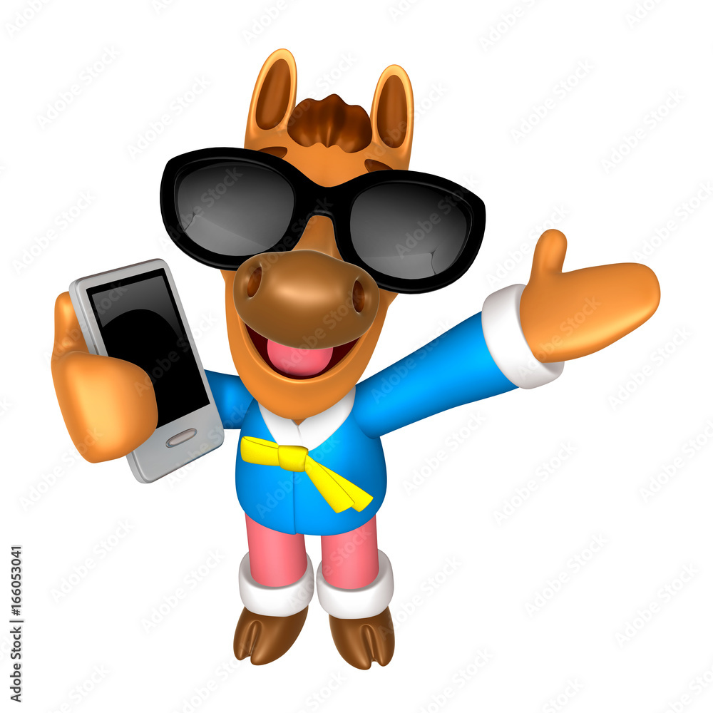 Wear sunglasses 3D Horse mascot the right hand guides and the left hand is holding a Smart Phone. 3D Animal Character Design Series. - obrazy, fototapety, plakaty 