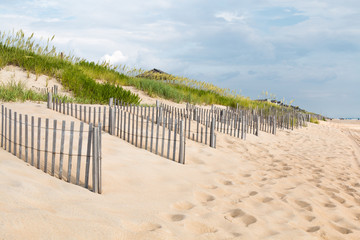 Rows of sand fences line the beach in Nags Head, North Carolina on the Outer Banks.