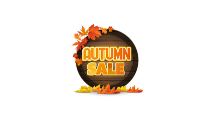 Wall Mural - Vector Autumn Background Design, with orange leaves and wooden barrel with space for your text. Isolated on white.