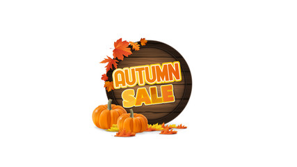 Wall Mural - Vector Autumn Background Design, with orange leaves and wooden barrel with space for your text. Isolated on white.