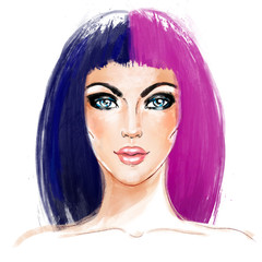 Split-Dyed Hair Trend. Woman face. Half Dyed Hair. Style trend. Hand painted fashion illustration isolated on white.  Bob haircut and smoky eyes.