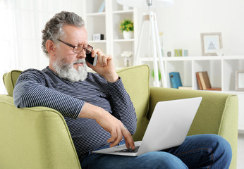 Wall Mural - Handsome elderly man sitting in armchair with laptop