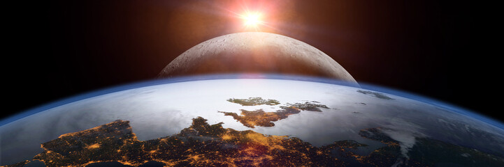 Wall Mural - sunset over planet Earth and the Moon