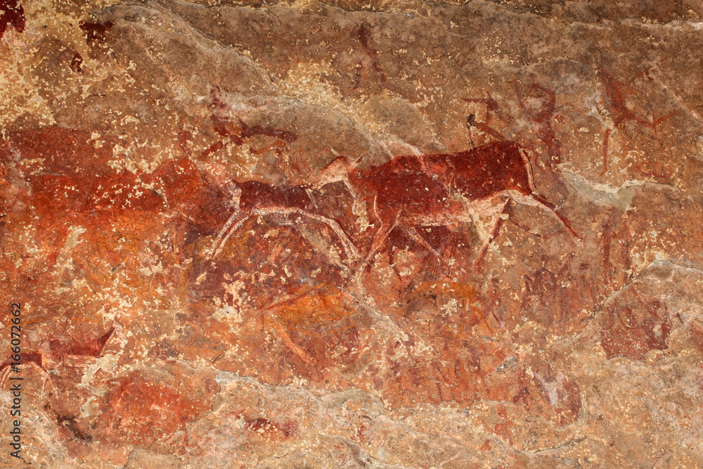 Bushmen (san) rock painting of antelopes, Drakensberg mountains, South Africa.