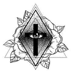 Sticker - Rosicrucianism symbol. Blackwork tattoo flash. All seeing eye, Cristian cross with rose flower. Sacred geometry. Vector illustration isolated on white. Tattoo design, mystic symbol.