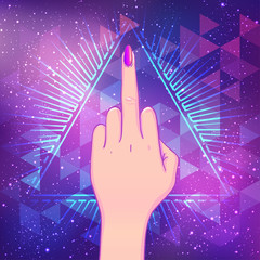 Wall Mural - Female hand showing middle finger over triangle with rays. Feminism concept. Realistic style vector illustration in pink colors.