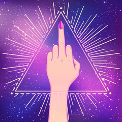 Wall Mural - Female hand showing middle finger over triangle with rays. Feminism concept. Realistic style vector illustration in pink colors.