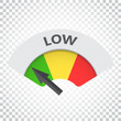 Low level risk gauge vector icon. Low fuel illustration on isolated background. Simple business concept pictogram.
