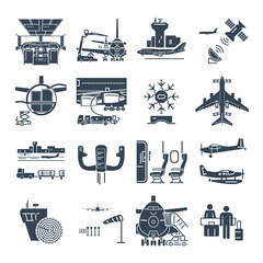 set of black icons airport and airplane, control tower, aircraft