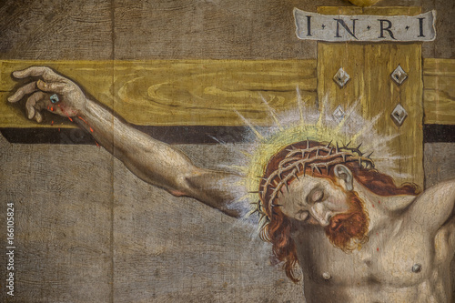 Fotografie, Obraz The crucifixion, Jesus on the cross with a crown of thorns and the heading INRI,