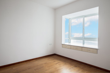 Wall Mural - Light empty room with big white isolated window and wooden floor