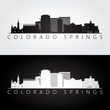 Colorado Springs USA Skyline And Landmarks Silhouette, Black And White Design, Vector Illustration.