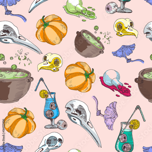 Seamless Pattern With Halloween Elements Pumpkin Bird Skull A Bulb A Pot Of Poison Toadstool Cocktail Eyes Buy This Stock Vector And Explore Similar Vectors At Adobe Stock Adobe Stock