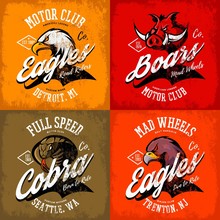 Vintage American Furious Eagle, Boar And Cobra Bikers Club Tee Print Vector Design Set.