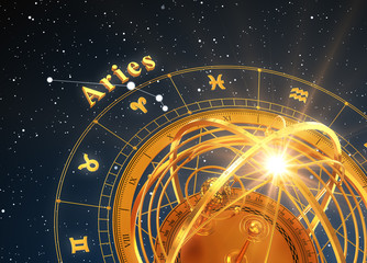 Wall Mural - zodiac sign aries and armillary sphere on blue background