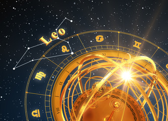 Wall Mural - zodiac sign leo and armillary sphere on blue background