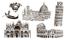 Italian Architectural Symbols: Coliseum, Duomo Santa Maria Del Fiore, Pisan Tower, Basilica Di San Marco, Gondola, Carnaval Mask. Drawn Vector Sketch Illustration