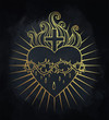 Sacred Heart of Jesus. Vector illustration in gold colors isolated on black. Trendy Vintage style element. Religion, purity, sacrifice, spirituality, occultism, alchemy, magic, love.