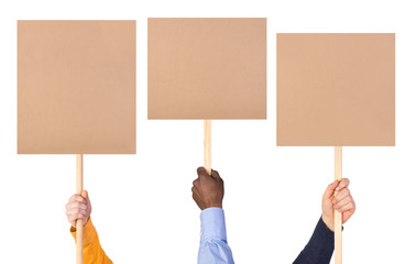 Protest signs in hands, isolated on white background