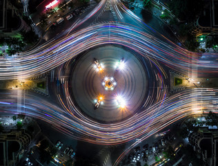 Light Trail on the Democracy Monument in Thailand form aerial photography top view, look like colorful eye