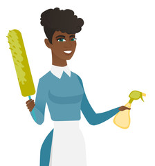 Poster - African housemaid holding spray bottle and duster.