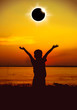 Scientific natural phenomenon. Total solar eclipse with diamond ring glowing on sky.
