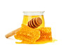 Bank with fresh honey and honeycomb on white background.