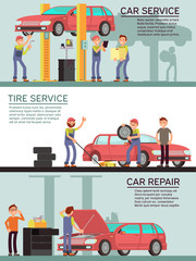 Poster - Car services and auto garag vector marketing banners with cartoon mechanic workers