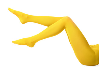 Poster - Legs of beautiful young woman in tights on white background