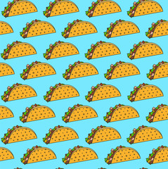 Bright mexican fastfood seamless pattern with tacos on blue background. Nice spanish fast food texture for textile wallpaper background cover banner bar and cafe menu design