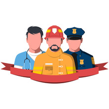 Silhouettes Of Rescue Workers. People Of Emergency Service - Paramedic, Firefighter And Police Man. Rescue Team Flat Vector Illustration.