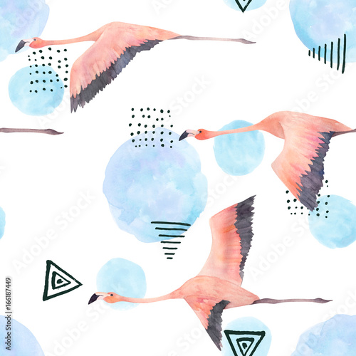 Abstract print with watercolor random elements and flamingo. Seamless pattern...