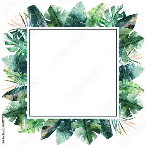 Watercolor frame with tropical palm leaves. Hand drawn illustration