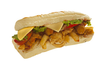 Wall Mural - Mighty sub sandwich hoagie with mozarella sticks french fries lots of meat and veggies