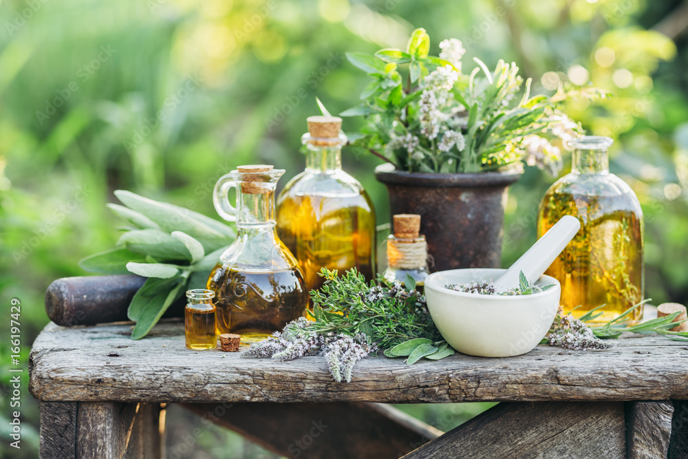 Fresh herbs from the garden and the different types of oils for massage and aromatherapy. - obrazy, fototapety, plakaty 