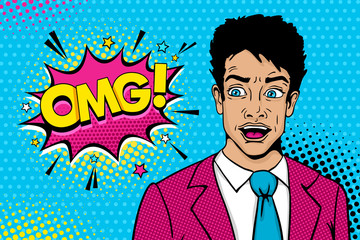 Wall Mural - Wow pop art male face. Young sexy surprised man in suit with open mouth and expressional OMG speech bubble with stars. Vector colorful illustration in retro comic style. Party invitation poster.