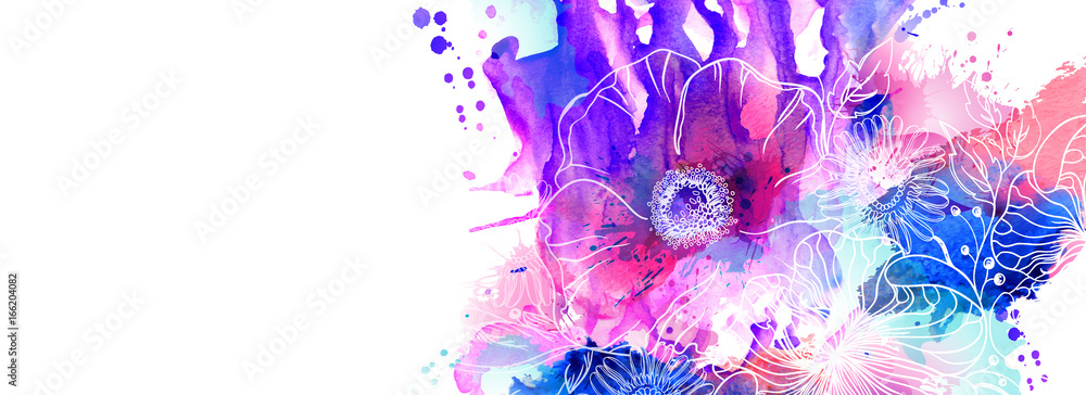 Hand drawn floral illustrations. Abstract pink, purple and blue watercolor blots spread on the white background with flowers branch and poppies. - obrazy, fototapety, plakaty 