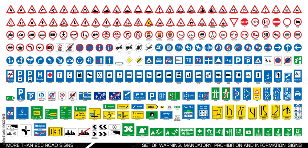 More than 250 road signs. Collection of warning, mandatory, prohibition and information traffic signs. European traffic signs collection. Vector illustration.  - obrazy, fototapety, plakaty 