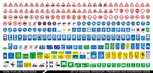 more than 250 road signs. collection of warning, mandatory, prohibition and information traffic sign