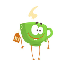 Cute Cartoon Green Cup Of Tea With Smiley Face, Funny Fast Food Character Vector Illustration