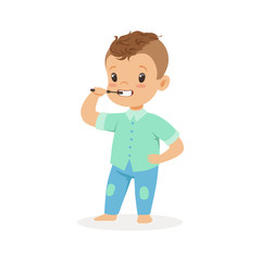 Canvas Print - Cute cartoon boy brushing his teeth, kids dental care vector Illustration